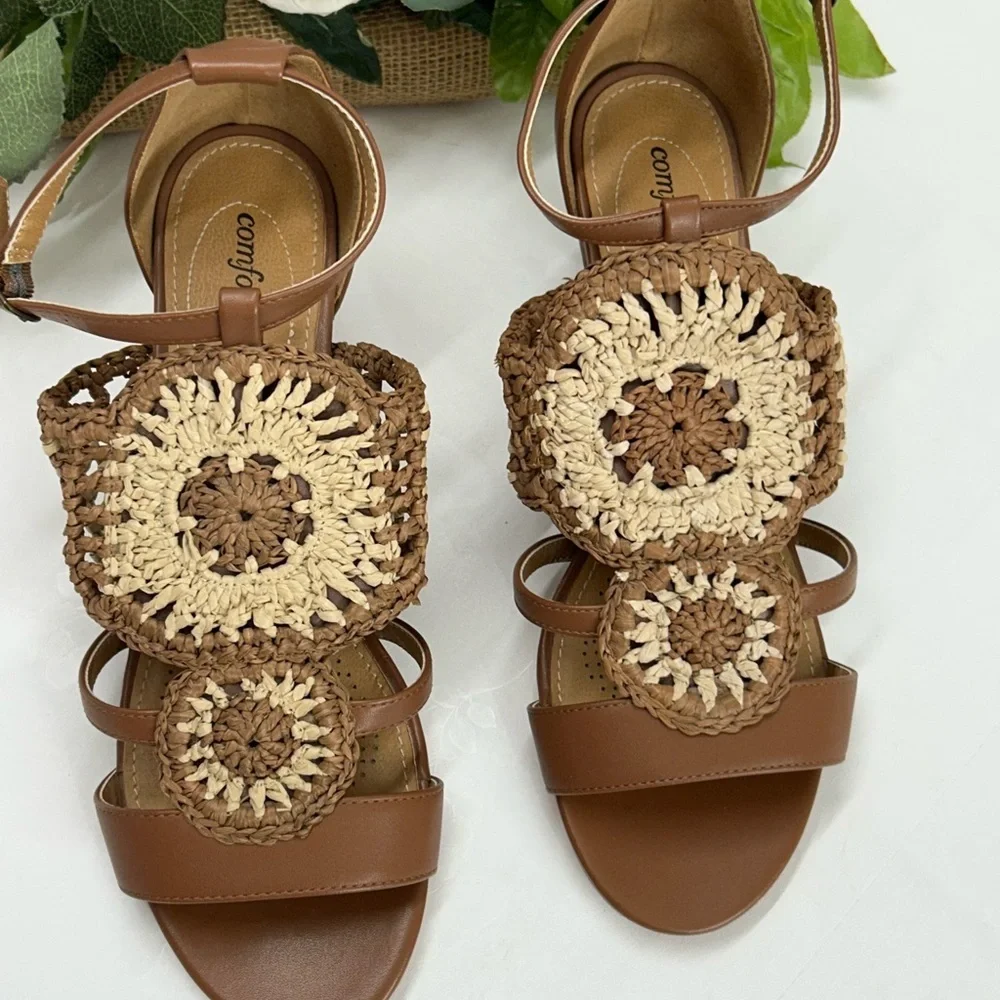 Brown and Cream Women's Sandals